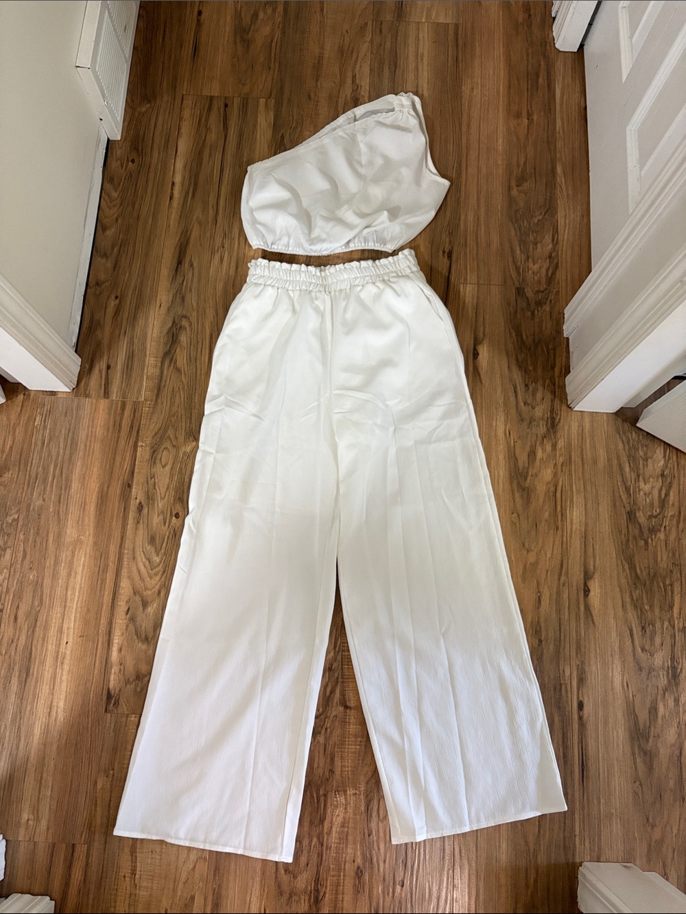White Wide-Leg Pants and one shoulder top